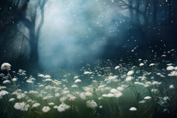 White wild flowers blossoming in foggy spring meadow at starry night.
