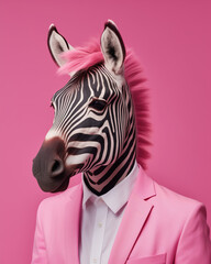 Portrait of a zebra wearing pink suit. Minimal pink concept.