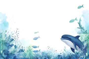 Whale in underwater frame border background in watercolor style. - obrazy, fototapety, plakaty