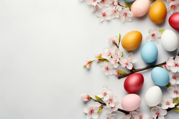 Easter eggs colored in pastel colors to celebrate Easter. Painted eggs among flowers, top down view.