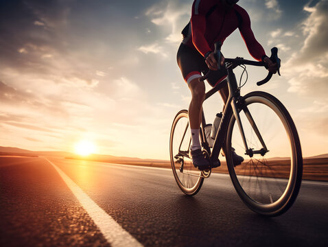 Cycling under the sunset sky, a man riding his bicycle in the serene beauty of nature's adventure, motivation concept