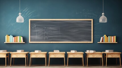 Empty classroom with wooden desks and blackboard.. Generative AI