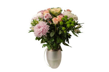 Bouquet of flowers with pink roses, brassica flower, chrysanthemum and freesia flower in a vase.
