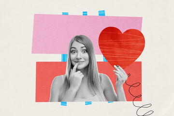 Collage picture of minded positive black white colors girl arm hold heart symbol card isolated on...