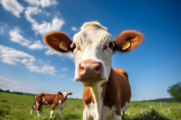 Naklejka na ściany i meble Cow on green grass and blue sky. Animal background.