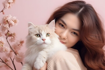 Asian woman and cute cat posing in love on pastel background.