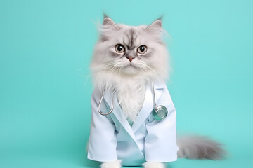 Cute cat posing in doctor suits on pastel background.