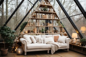 Cozy attic with windows, sofa, bookshelves and indoor plants. Christmas interior
