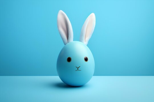 An Easter egg with bunny ears and a painted rabbit face on a blue background.