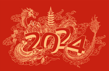 Greeting card, banner design for Chinese New Year 2024 with Dragon, 2024 zodiac symbol, numbers and text on red background. Vector illustration