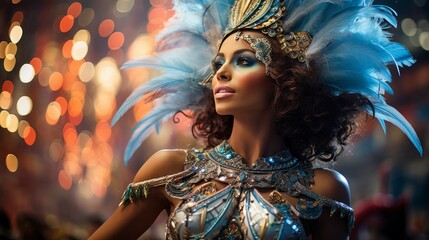 Fototapeta premium Beautiful Brazilian woman wearing colorful Carnival costume during Carnaval street parade in city.