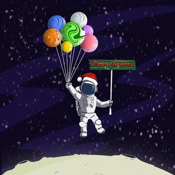 Santa Claus on the moon. Santa Claus, Christmas celebration in space Holding multi-colored balloons with a Merry Christmas letter sign. Falling snow in space. Happy new year 2024.