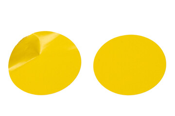 Round yellow stickers, blank tags labels isolated on a white background.