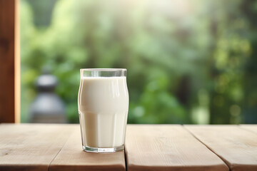 Glass of fresh milk on wooden table.