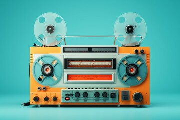 Retro radio recorder from 70s front turquoise background. Old instagram style filtered photo