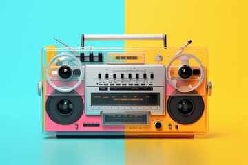 Retro radio recorder from 70s front turquoise background. Old instagram style filtered photo - obrazy, fototapety, plakaty