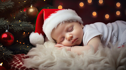 Fototapeta na wymiar Warm Christmas scene with baby happily sleep on the carpet in white clothes and red Christmas hat on Christmas tree background created with Generative AI Technology