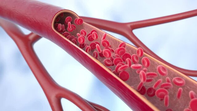Atherosclerosis disease. Cholesterol in the blood vessels. atherosclerotic plaque, blood cells, blood pressure.