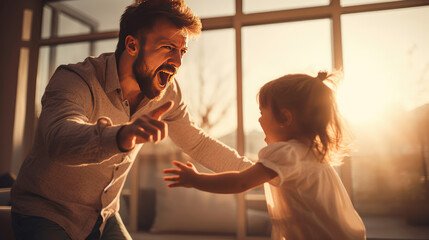 Father has a fight with his child daughter. Domestic violence, misunderstanding, child crisis, quarrel with child. A grown man fighting with his daughter. - obrazy, fototapety, plakaty