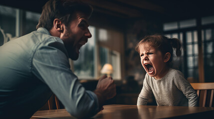 Dad has a fight with his child daughter. Domestic violence, misunderstanding, child crisis, quarrel with child. A grown man fighting with his daughter. - obrazy, fototapety, plakaty