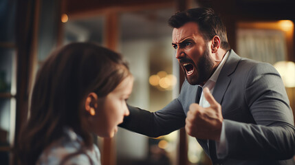 Dad has a fight with his child daughter. Domestic violence, misunderstanding, child crisis, quarrel with child. A grown man fighting with his daughter. - obrazy, fototapety, plakaty