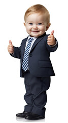 Smiling baby politician wearing cool business shirt with tie is thumbs up hand gesture isolated on white background