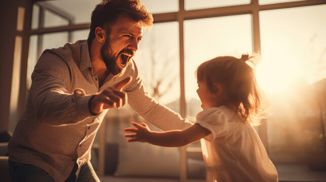 Father has a fight with his child daughter. Domestic violence, misunderstanding, child crisis, quarrel with child. A grown man fighting with his daughter.