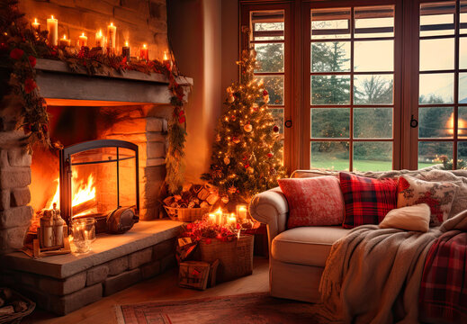 Christmas cozy living room with fireplace
