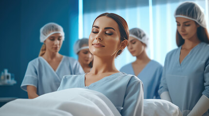 Fototapeta premium Young attractive woman at cosmetic procedures in the office of cosmetologist or plastic surgeon. Facial care, skin improvement, facial cleansing, cosmetologist services in beauty clinic.