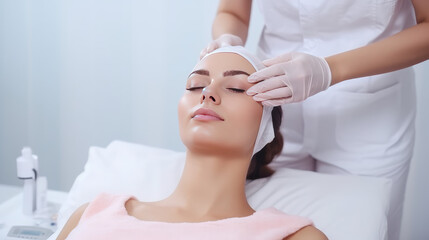 Woman at cosmetic procedures in the office of cosmetologist or plastic surgeon. Facial care, skin improvement, facial cleansing, cosmetologist services in beauty clinic.