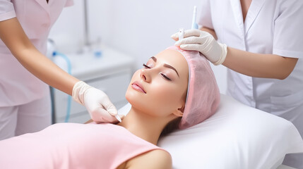 Obraz na płótnie Canvas Woman at cosmetic procedures lying in the office of cosmetologist or plastic surgeon. Facial care, skin improvement, facial cleansing, cosmetologist services in beauty clinic.