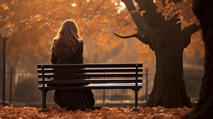 Foto op Canvas back view of lonely woman with long hair and wearing a coat sitting alone on a park bench in autumn created with Generative AI Technology © AstraNova