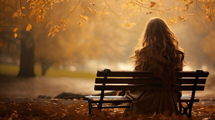 back view of lonely woman with long hair and wearing a coat sitting alone on a park bench in autumn created with Generative AI Technology - obrazy, fototapety, plakaty