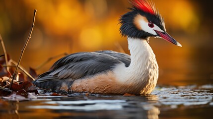 Fototapeta premium Great Crested Grebe On Pond, HD, Background Wallpaper, Desktop Wallpaper