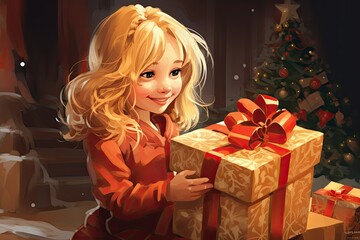 Fototapeta na wymiar happy little girl with present on christmas eve illustration
