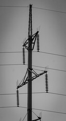Concrete pole of the 0.4 kilovolt electrical network black and white photo