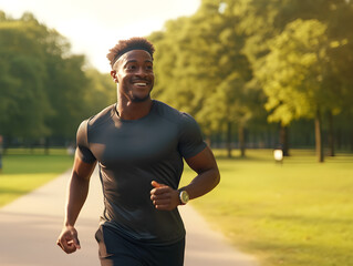 Jogging man in the park, a smiling athlete enjoying a summer workout surrounded by nature