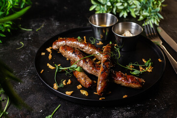 Grilled sausage on a dark plate with sauce