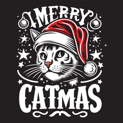 little white kitten in red Christmas hat sit. Merry Christmas vector design