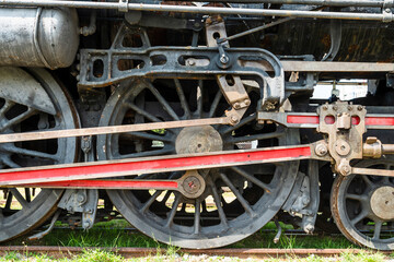 Close-up of the steam train wheels in Taiwan, which is a presentation of strength and beauty.
