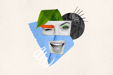 Creative face puzzle collage concept of young female face blink eye absurd illustration flirting...