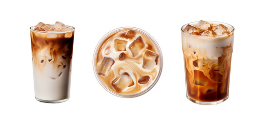 Iced Coffee Cups in Top and Side View: Set of Iced Caramel Macchiato, Isolated on Transparent Background, PNG