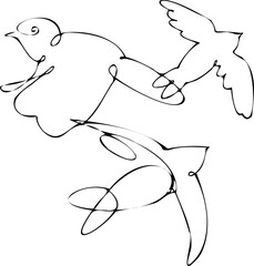 birds flying together, one line birds vector sketch illustration. Minimalistic linear art, outline for tattoo