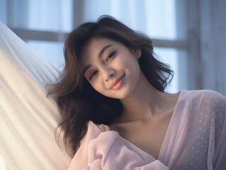 Beautiful lady lying on the bed at night, beautiful model face looks sexy in camera, a young woman in pink pajamas