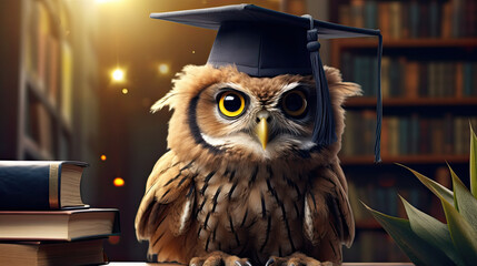 owl in glasses wearing graduation cap sitting on bookshelves