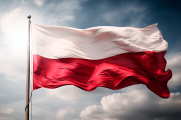 Naklejka na ściany i meble The national flag of Poland waving on a blue with clouds sky, background