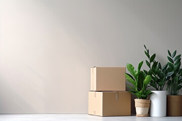 Pile of empty cardboard boxes and green house plants near white blank wall indoors with natural sunlight lighting created with Generative AI technology