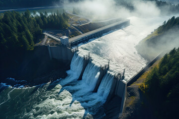 aerial view of the dam on the river - obrazy, fototapety, plakaty