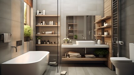 Modern bathroom with beige tiles, wooden vanity, and a well-lit mirror for a cozy atmosphere