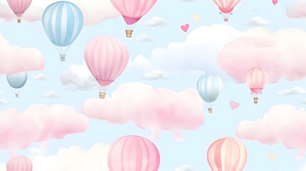 Colorful balloons floating in a candy-colored sky, peaceful, playful, watercolor seamless pattern